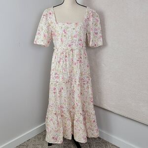 Just Me Floral Prairie Cottagecore Tiered Eyelet Short Sleeve Midi Dress Sz L